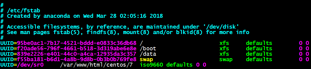 1%Y5[PKHF}VCZB9PHN74UB
至此,dhcp及tfcp已在CentOS7上搭建完成,下面来实验用PEX安装CentOS系统
四、实验:实现CentOS7的PXE安装
前期准备:关闭SELinux策略,firewall防火墙
事先准备好应答文件ks7_mini.cfg,**ks7_desktop.cfg**
服务器端:CentOS7:192.168.30.10
1 安装必要包,并开启httpd服务
yum install dhcp tftp-server httpd syslinux
systemctl enable dhcpd httpd tftp.socket
systemctl start httpd
2.准备yum源
mkdir /var/www/html/centos/7 -pv
添加开机自动挂载光盘
vim /etc/fstab
/dev/sr0 /var/www/html/centos/7 iso9660 defaults 0 0
![挂载